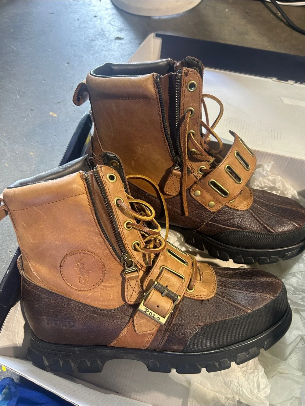 Preowned Polo Ralph Lauren Men's Brown Leather Lace-Up Outdoor Boots